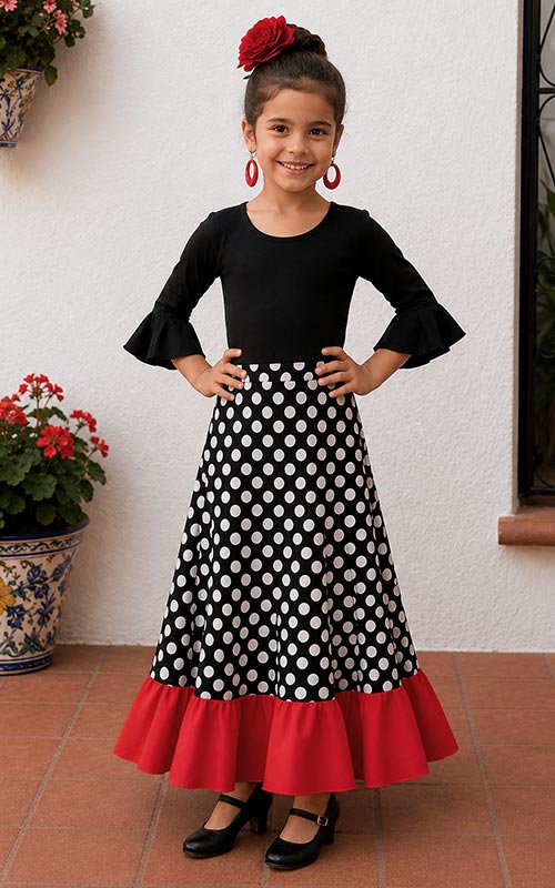Black flamenco skirt for girls with white polka dots and a red ruffle