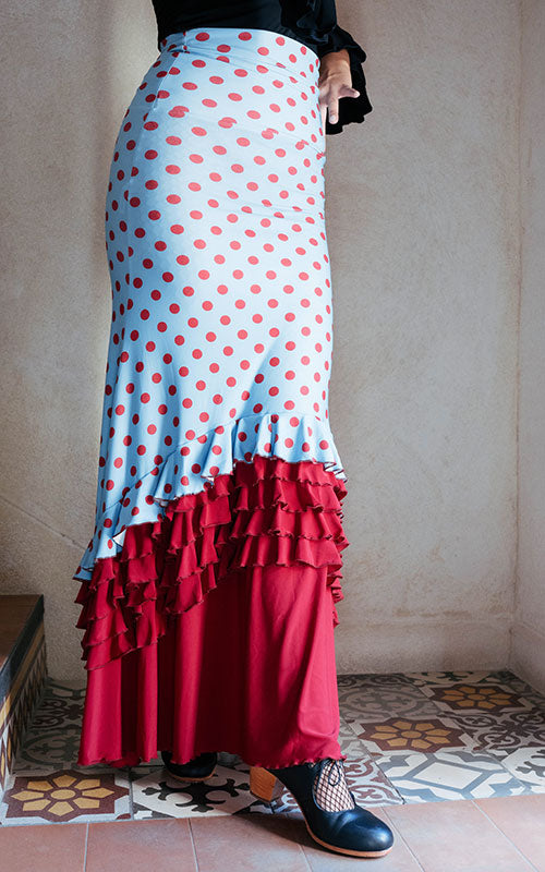 Light blue flamenco skirt with red polka dots and red ruffles at the hem