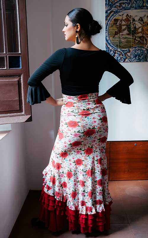ecru flamenco skirt with floral print and red ruffles