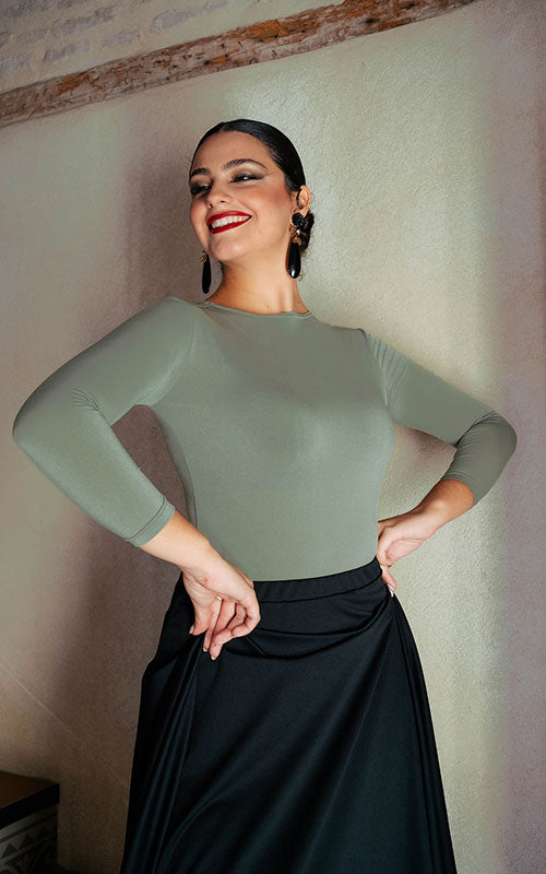 Berre flamenco top in olive green stretch knit