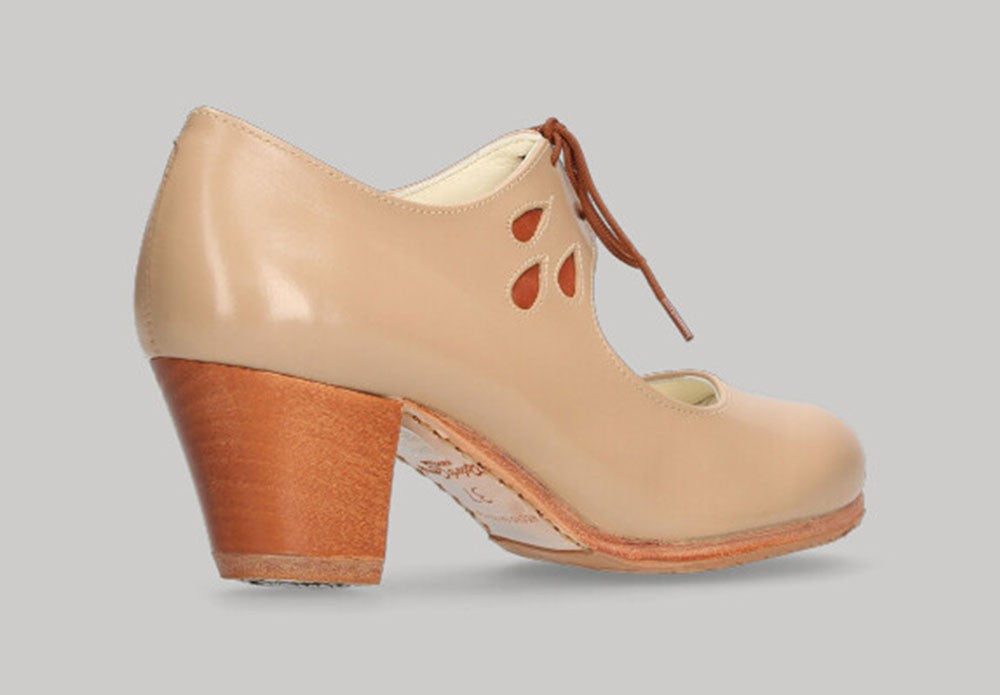 Zapato de Baile Flamenco Profesional Piel Beige con Tacón Cubano