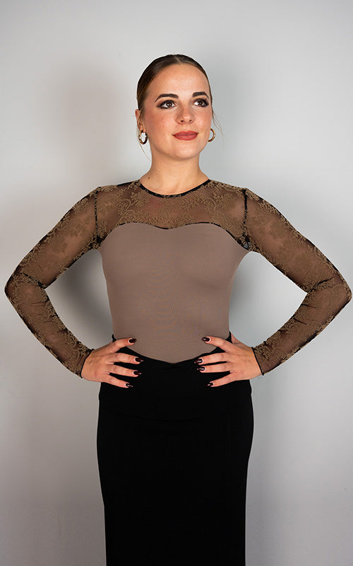 Brown Microfiber Lustre Long-Sleeve Leotard with Brown Flocked Tulle Print