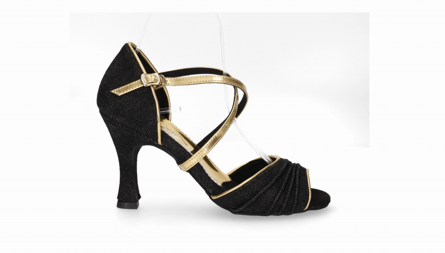 Chaussure de danse de salon en denim noir avec brides croisées dorées
