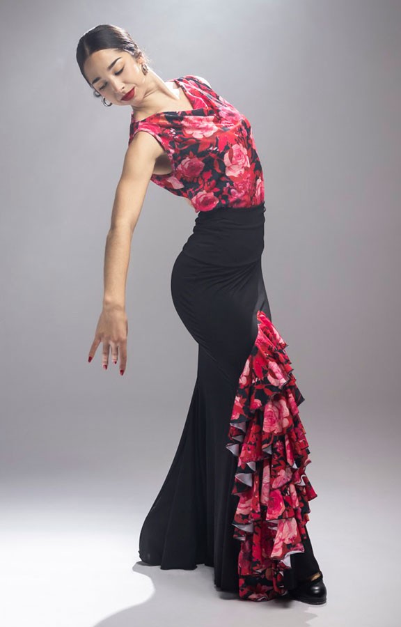 Falda Flamenco Granizo Negra con Volantes Estampados de Flores