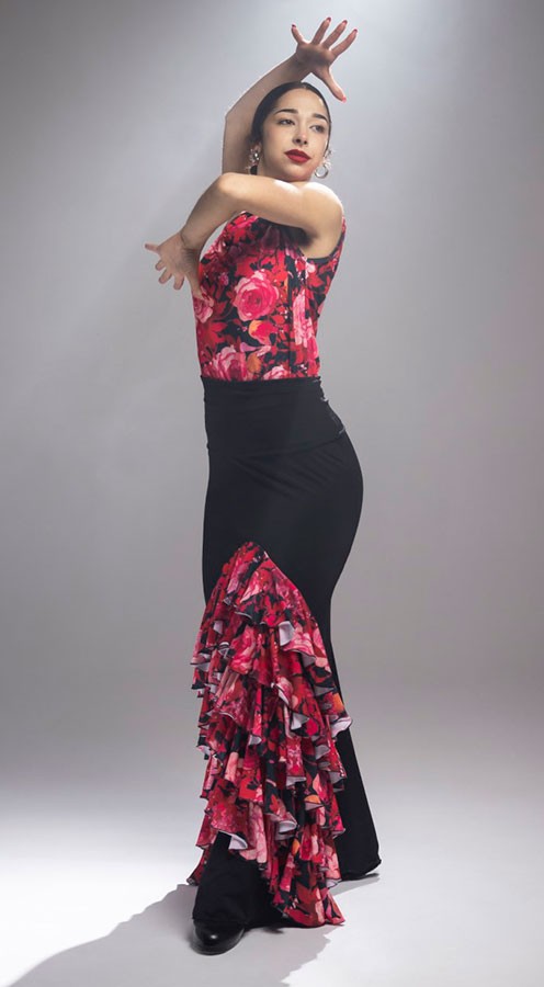 Falda Flamenco Granizo Negra con Volantes Estampados de Flores