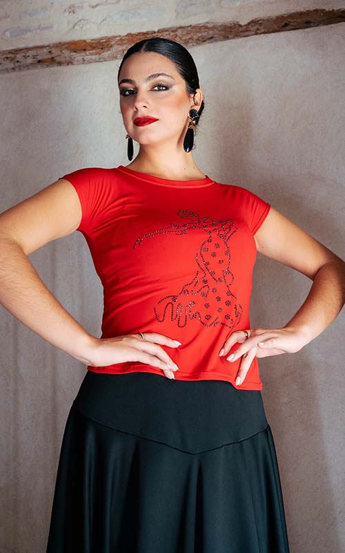 Red flamenco t-shirt with a flamenco dancer silhouette adorned with rhinestones