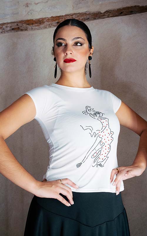 White flamenco t-shirt with a flamenco dancer silhouette adorned with rhinestones