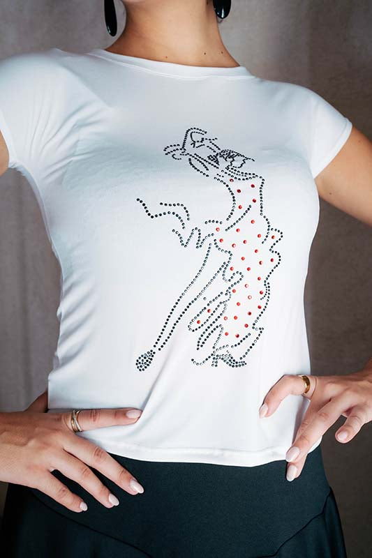 White flamenco t-shirt with a flamenco dancer silhouette adorned with rhinestones