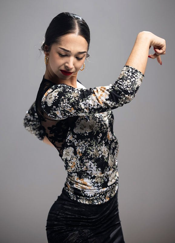 Body Estampado de Manga Larga y Espalda de Encaje Negro