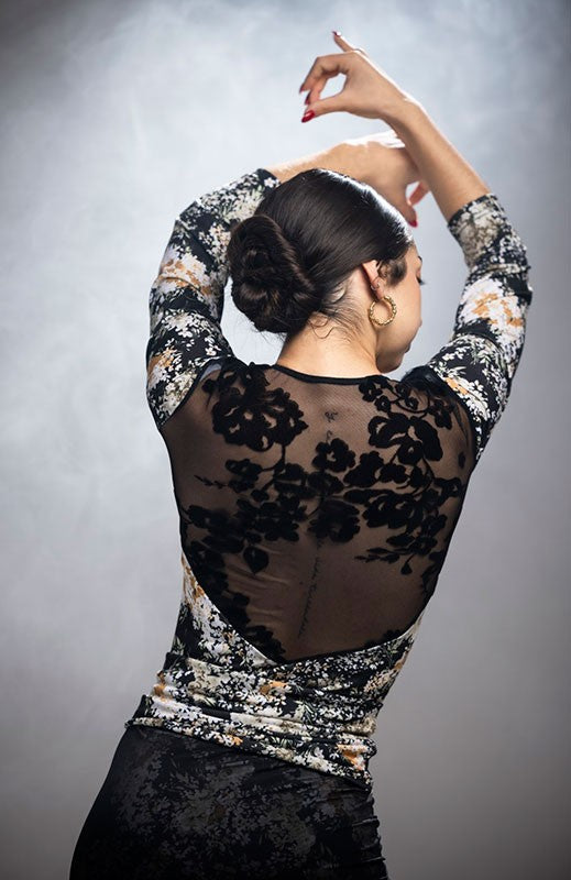 Body Estampado de Manga Larga y Espalda de Encaje Negro