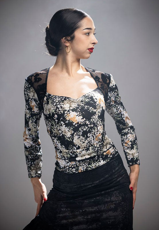 Body Estampado de Manga Larga y Espalda de Encaje Negro