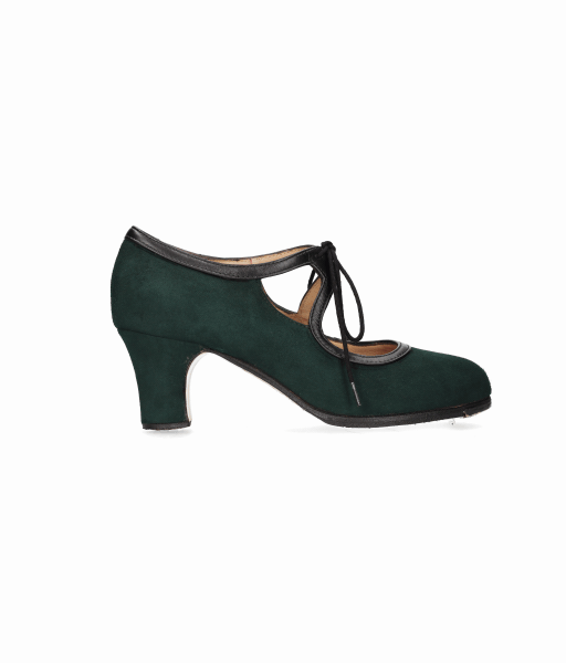 Zapato de baile flamenco profesional ante verde botella con cordones