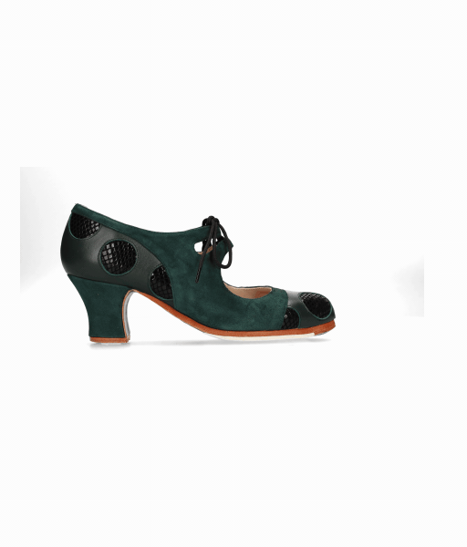Zapato de Baile Flamenco Profesional Combinado en Piel y Ante Verde Botella y Fantasía Serpiente Negro