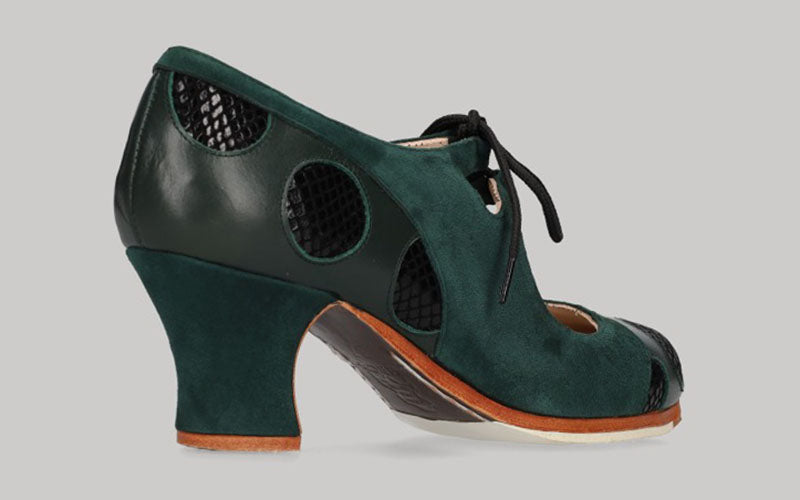 Zapato de Baile Flamenco Profesional Combinado en Piel y Ante Verde Botella y Fantasía Serpiente Negro