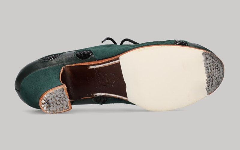 Zapato de Baile Flamenco Profesional Combinado en Piel y Ante Verde Botella y Fantasía Serpiente Negro
