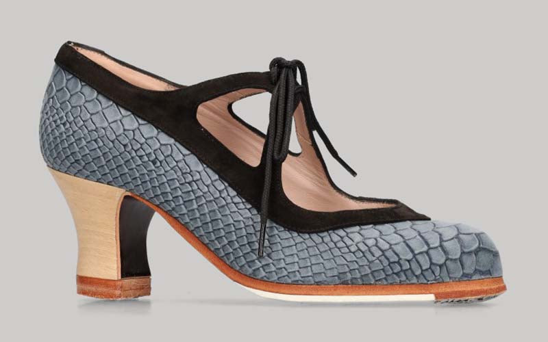 Zapato de Baile Flamenco Profesional Combinado Piel Fantasía Serpiente Gris y Ante Negro