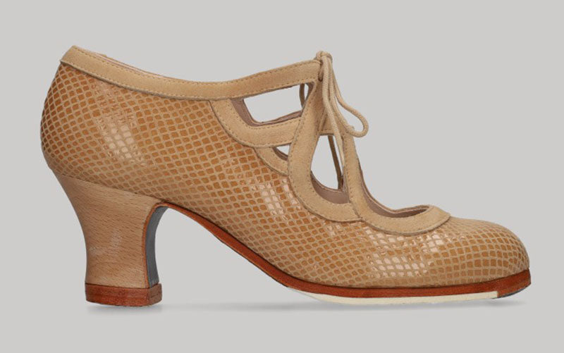 Zapato de Baile Flamenco Profesional Combinado en Fantasía Serpiente Beige y Adornos en Ante Beige