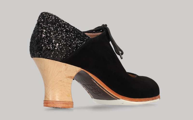 Zapato de baile flamenco profesional combinado en Ante Negro y Glitter