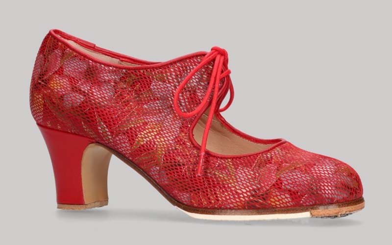 Zapato de baile Flamenco Profesional Rojo con Fantasía de Flores Rojas con Cordones