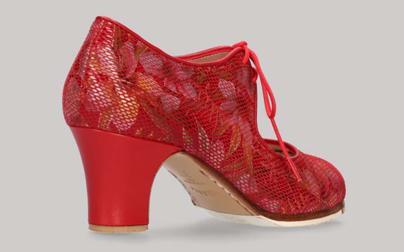 Zapato de baile Flamenco Profesional Rojo con Fantasía de Flores Rojas con Cordones