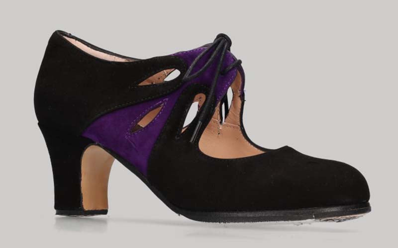Zapato de baile Flamenco Profesional Ante Negro y Adorno Ante Morado