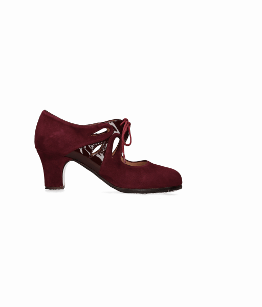 Chaussure de danse flamenco professionnelle en daim bordeaux et garniture en cuir verni