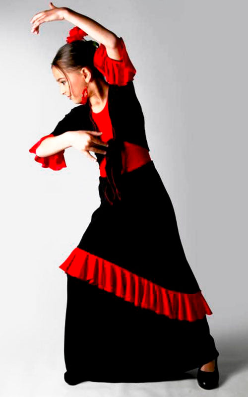 Falda de flamenco de niña negra con volante inclinado rojo