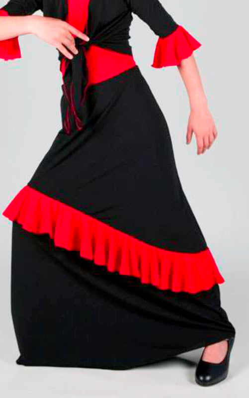 Falda de flamenco de niña negra con volante inclinado rojo
