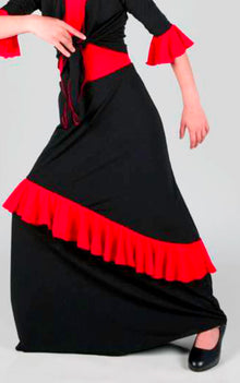 Falda de flamenco de niña negra con volante inclinado rojo