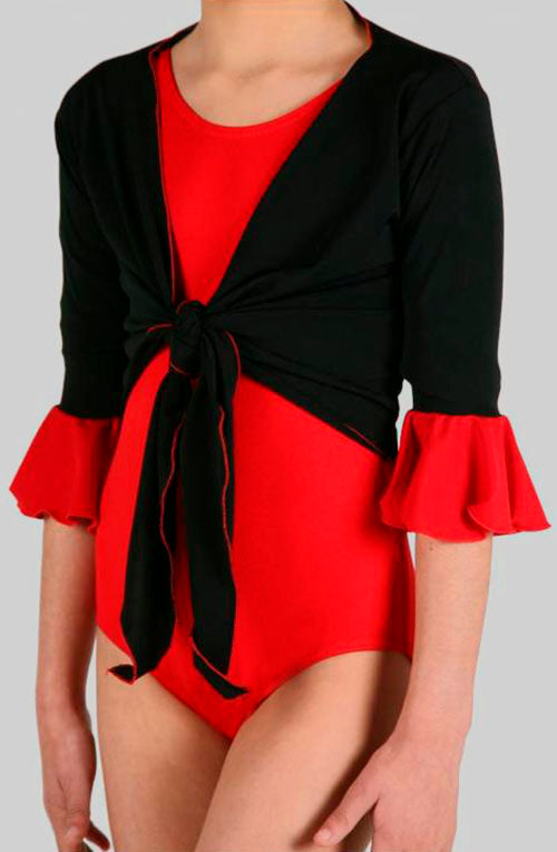 Cardigan de flamenco de niña negro con volante rojo en manga