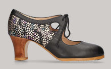 Zapato de baile flamenco profesional piel negro y fantasía con cordones