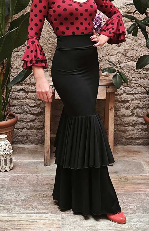 Falda Flamenco Negra Ajustada a Medio Muslo
