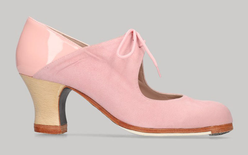 Zapato de baile flamenco profesional combinado en ante y charol rosa