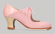 Chaussure de danse flamenco professionnelle combinant daim et cuir verni rose