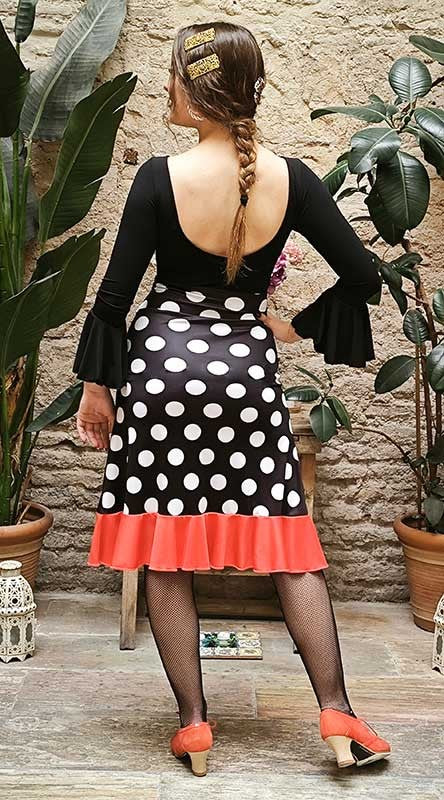 Falda Flamenco Corta  Negra con Lunares Blancos y Volante Rojo