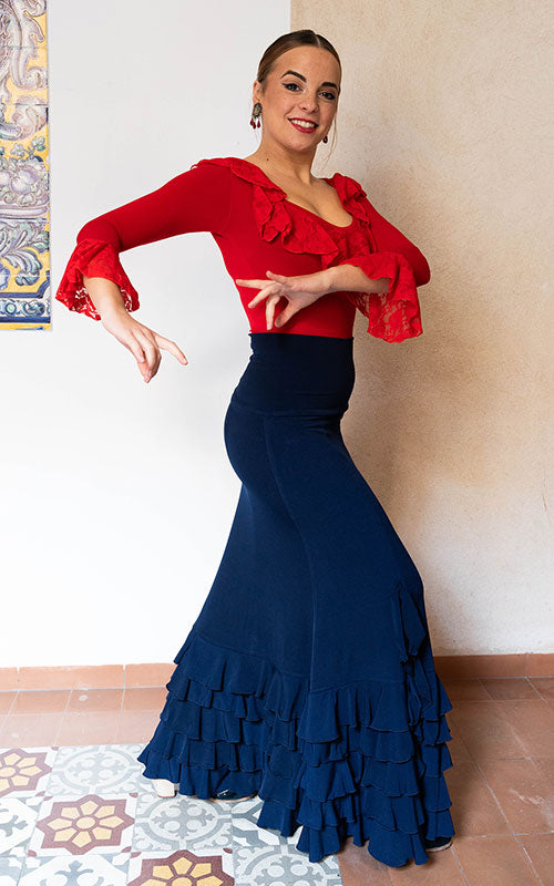 Falda flamenco azul marino con cinco volantes y apertura lateral
