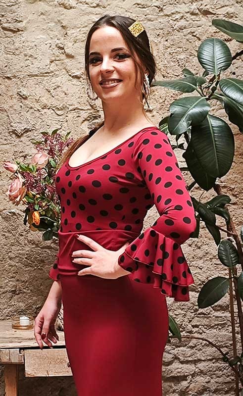 Maroon flamenco top with black polka dots