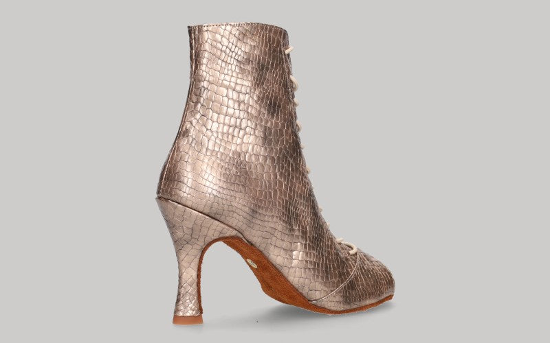 Zapato tipo botín para baile de salón en fantasía coco cobre con cordones y cierre lateral con cremallera