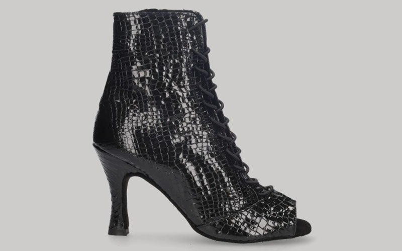 Zapato tipo botín para baile de salón negro con cordones y cierre lateral con cremallera