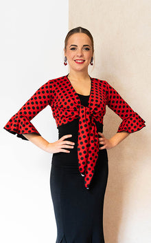 Cárdigan flamenco de punto elástico rojo con lunares negros