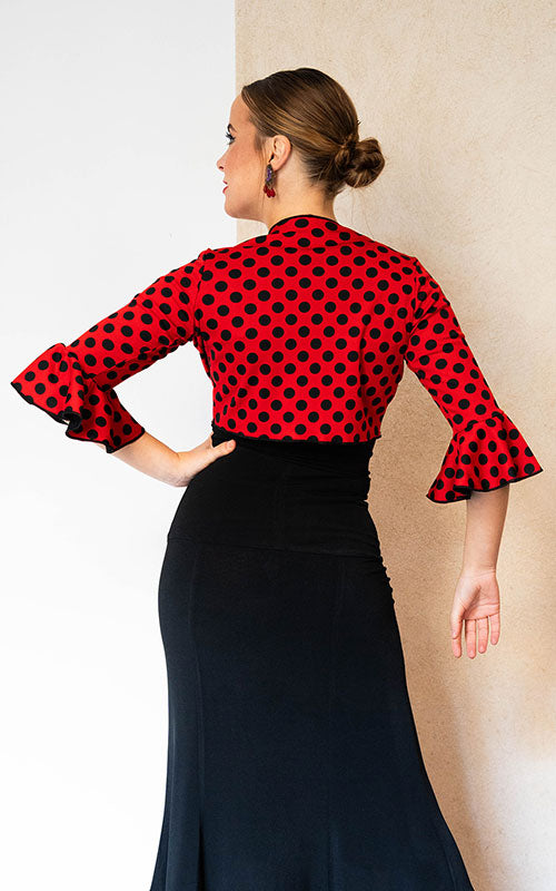 Cárdigan flamenco de punto elástico rojo con lunares negros