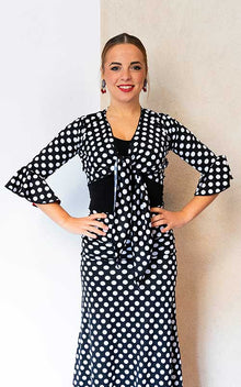 Cárdigan flamenco de punto elástico negro con lunares blancos