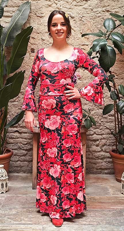 Falda Flamenco Victoria Estampada de Flores Fucsias