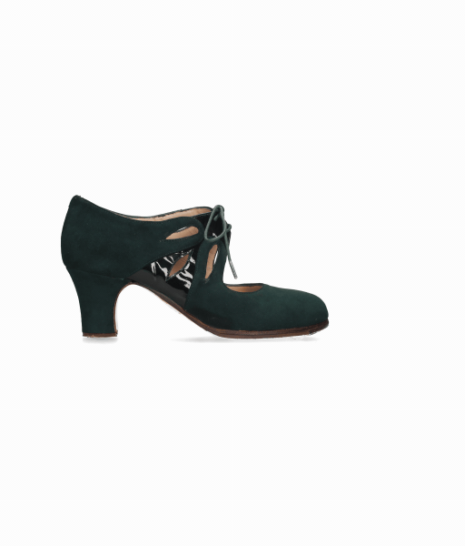 Zapato de baile flamenco profesional ante verde botella y adorno charol negro