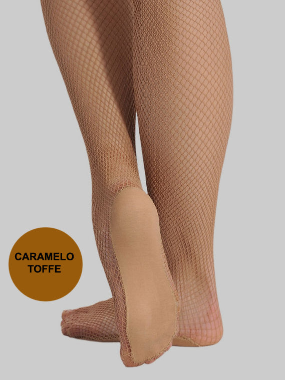 Highly resistant elastic fishnet stocking with caramel-colored insole