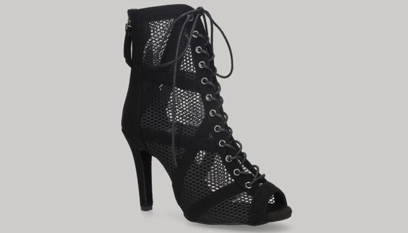 Zapato tipo botín para baile de salón de malla negro con cordones y cremallera en talón