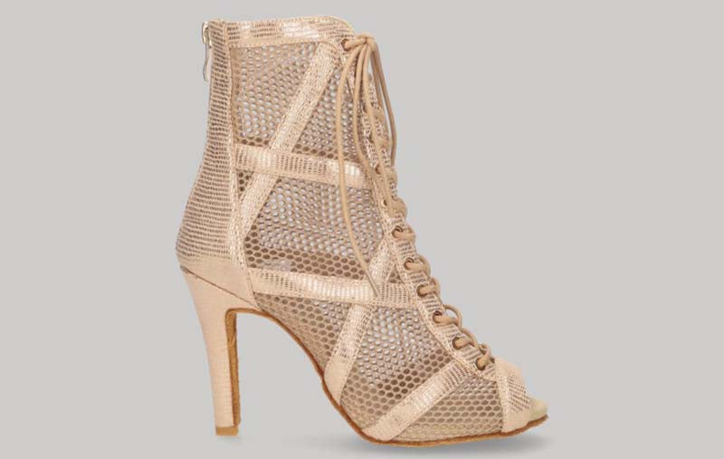 Zapato tipo botín para baile de salón de malla oro con cordones y cremallera en talón