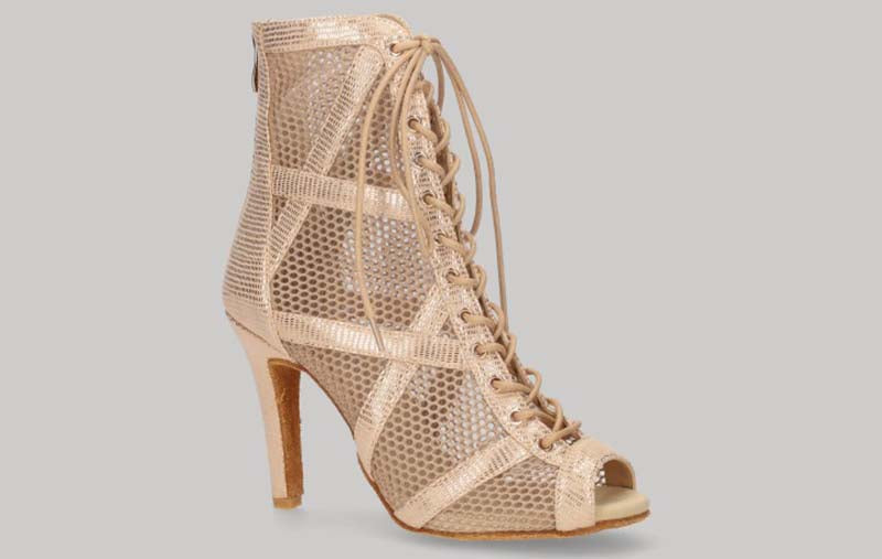 Zapato tipo botín para baile de salón de malla oro con cordones y cremallera en talón
