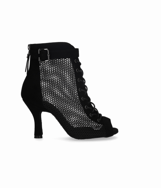 Zapato tipo botín para baile de salón de malla y ante negro con cordones y cremallera en talón