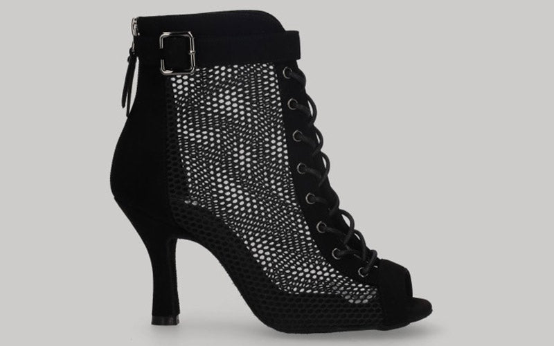 Zapato tipo botín para baile de salón de malla y ante negro con cordones y cremallera en talón
